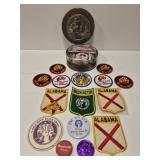 Vintage tin with assorted Elks patches and more