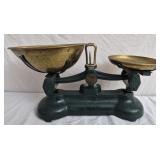 Vintage green cast iron and brass balance scale