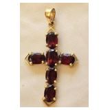 14k Yellow Gold & 6 Garnet Stone Cross Pendant