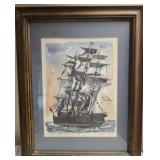 Signed Watercolor painting Whaling ship off key