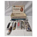 Vtg cigar box w knifes & more