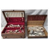 Sliver plated flatware & wooden vtg organizers