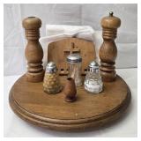 Wooden Lazy Susan Salt & Pep Shakers Etc