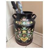 Black vintage milk can w floral hand painted
