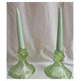 Vintage green glass candle holders