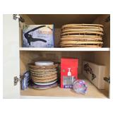 Cabinet of Bamboo Trays Plastic Wine Glasses Etc
