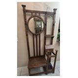 Antique oak hall stand round beveled mirror