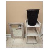 Estate lot of a wicker mirror shelf and trashcans