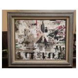 Framed mixed media on canvas expressionist art