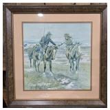 Framed CM Russell cowboy indian print
