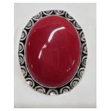 Large German Silver Oval Red Coral Ring Size 7