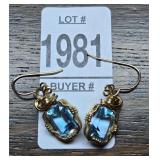 14K Gold Filigree Earrings w/Drop Blue Topaz