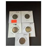 5V Nickels 1902, 07, 08, 12