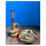 Ceramic Candlestick w/Candle, Small Bowl ...
