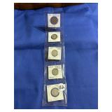 1865 thru 1869 Three Cent Nickel Set, (5) coins