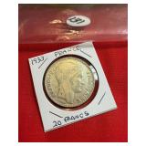 1933 France -20 Francs, 85% silver coin