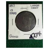 1817 Large Cent 13 stars, Good
