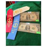 (2) 1963 One Dollar Bills; (3) County Fair Ribbons
