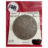 1900-A Germany 5 Marks, 90% silver coin, XF