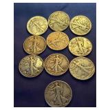 10 Walking Liberty Half Dollars, 5 Dollar Face