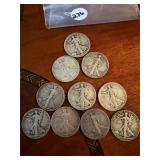 10 Walking Liberty Half Dollars; Face Value $5
