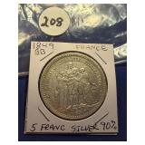 1849-BB France 5 Franc 90% Silver coin