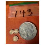 (2) Buffalo Nickels, (1) V-Nickel; novelty Replica