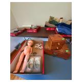 (2) Wooden Trinket Boxes; Doll; Baby shoes/sandals