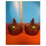 (2) Amber Candy Dishes w/ Lids