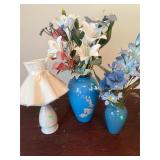 Lamp; (2) Blue Vases