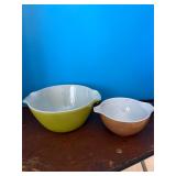 Brown Pyrex Bowl; Green Anchor Hocking Bowl