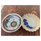Salt Glazed Pie Dish, Porcelain Strainer repaired