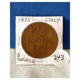 1855 Italy 5 Tornesi Coin, Naples Sicity