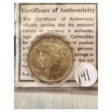 1923 Peace Dollar- w/Certificate of Authenticity