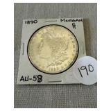 1890 Morgan Silver Dollar. AU-58.