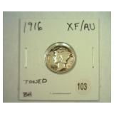 1916 MERCURY DIME TONED XF/AU