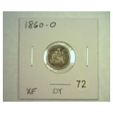 1860-O SEATED LIBERTY HALF DIME EXTRA FINE