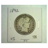 1892 BARBER HALF DOLLAR VERY GOOD