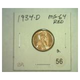 1934-D LINCOLN CENT MS 64 RED
