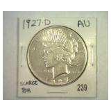 1927-D PEACE SILVER DOLLAR AU SCARCE
