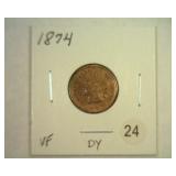 1874 INDIAN CENT VERY FINE
