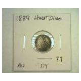 1839 SEATED LIBERTY HALF DIME ABOUT UNC.