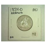 1854-O ARROWS SEATED LIBERTY QUARTER AU