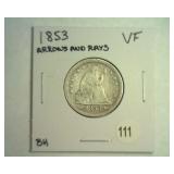 1853 ARROWS AND RAYS SEATED LIBERTY QUARTER VF