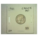 1901 BARBER DIME CHOICE ABOUT UNC.
