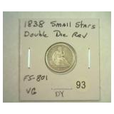 1838 SMALL STARS SEATED LIBERTY DIME DD REV....
