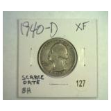 1940-D WASHINGTON QUARTER XF SCARCE