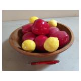 Wood bowl with ceramic fruit