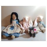 Homemade stuffed bunny rabbits, girl, small kitty