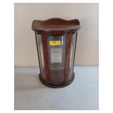 Wooden curio display with glass shelves, 19x13x7in